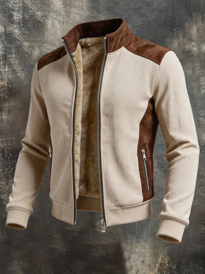 Men's Retro Color-Block Faux Suede Jacket with Fleece Lining