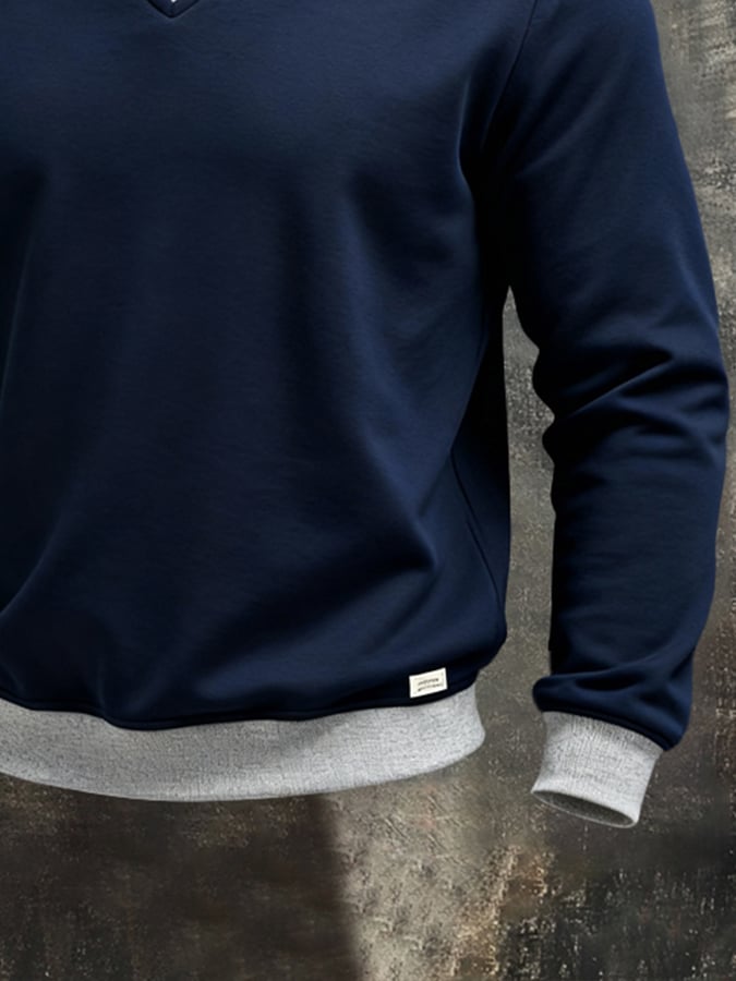 Men'S Vintage Color-Block Long-Sleeved Sweatshirt With Seagull Collar