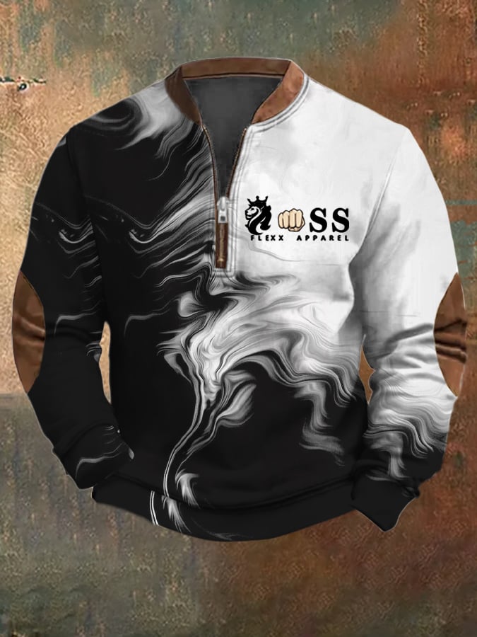 Men's Retro Letter Design Printed Casual Zipper Collar Long-Sleeved Sweatshirt