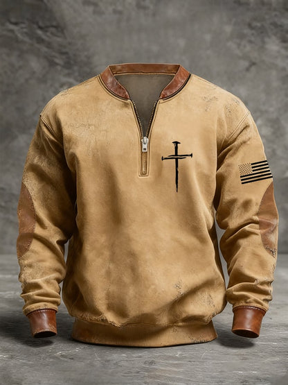 Men's Retro Faith Cross Print Zipper Stand Collar Long Sleeve Sweatshirt