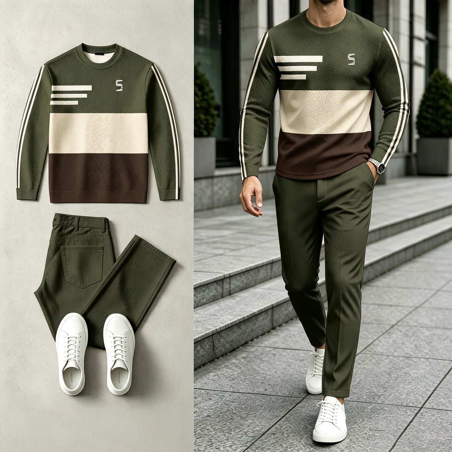 Men's Color-Blocked Round-Neck Sweatshirt and Pants Set