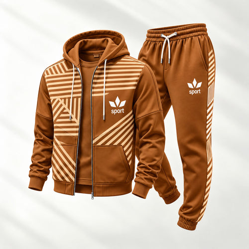 Men's Two-Piece Set: Color-Blocked Printed Hooded Cardigan and Sweatpants