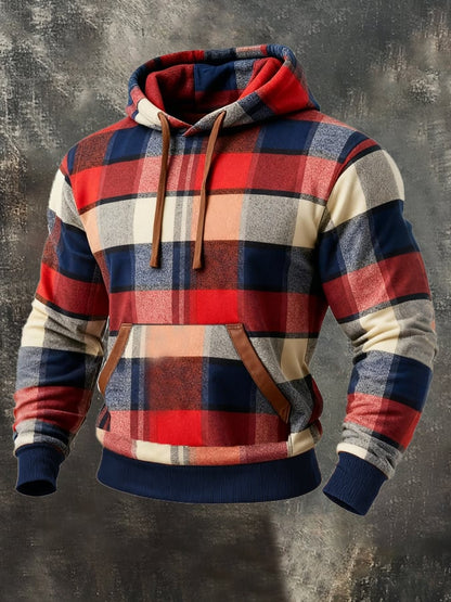 Men's Retro Plaid Contrast Color Hooded Sweatshirt