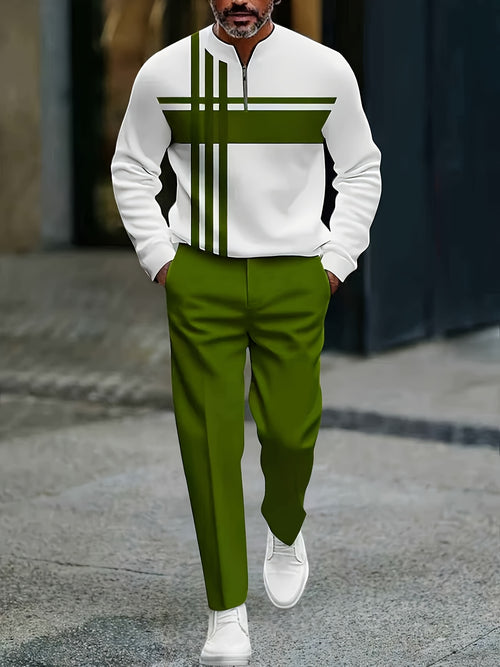 Men's Casual Color Matching Printed Round-Neck Zipper Long Sleeved Trousers Two-Piece Set