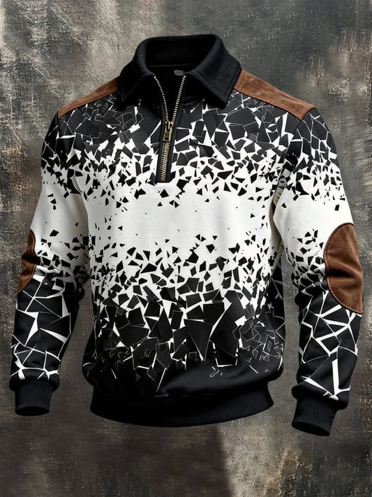 Men's Retro Color Block Print Color-Blocked Zip-Up Sweatshirt