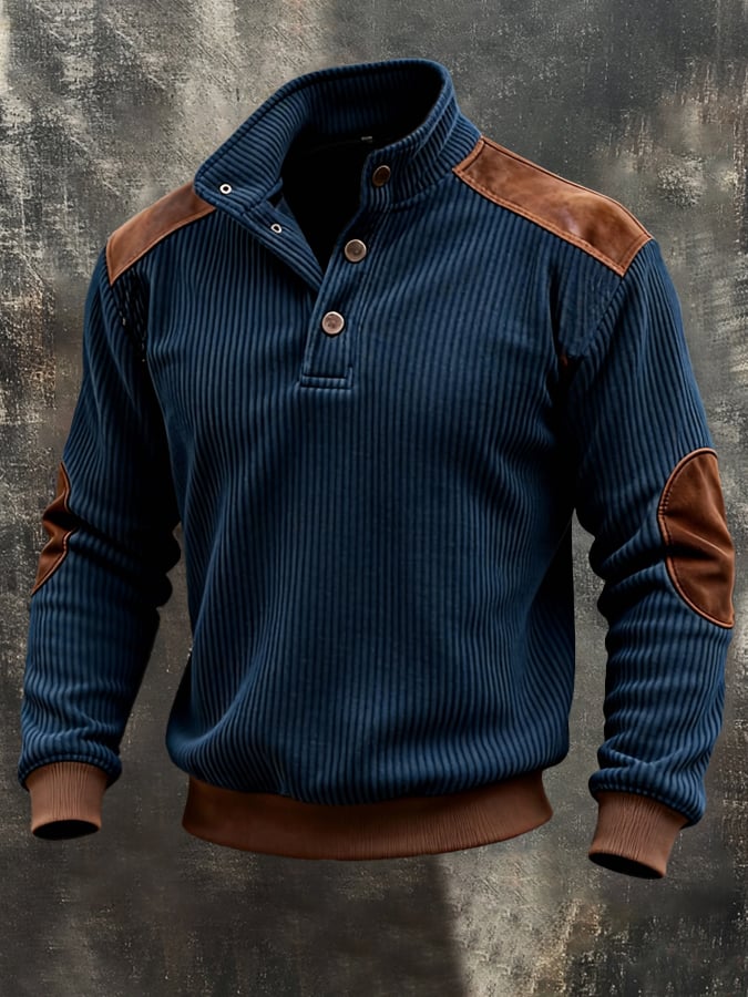 Men'S Vintage Corduroy Patchwork Color-Block Henley Neck Long-Sleeved Sweatshirt