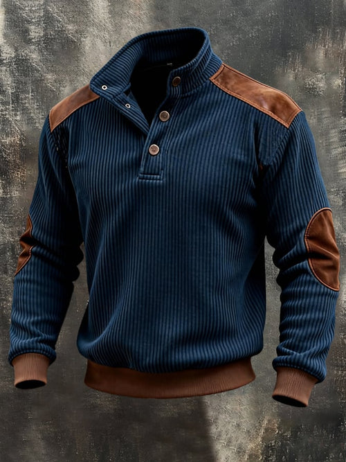 Men'S Vintage Corduroy Patchwork Color-Block Henley Neck Long-Sleeved Sweatshirt