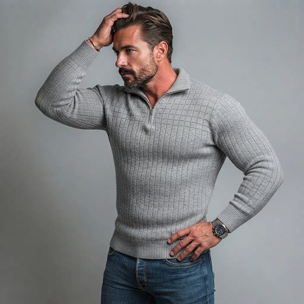 Men's Casual Gray Textured Ribbed Knit Slim Fit Quarter Zip Pullover Sweater