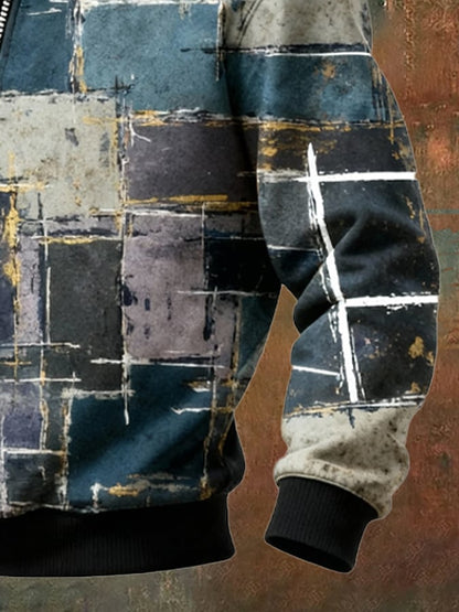 Men's Retro Color Block Print Casual Fur Collar Sweatshirt