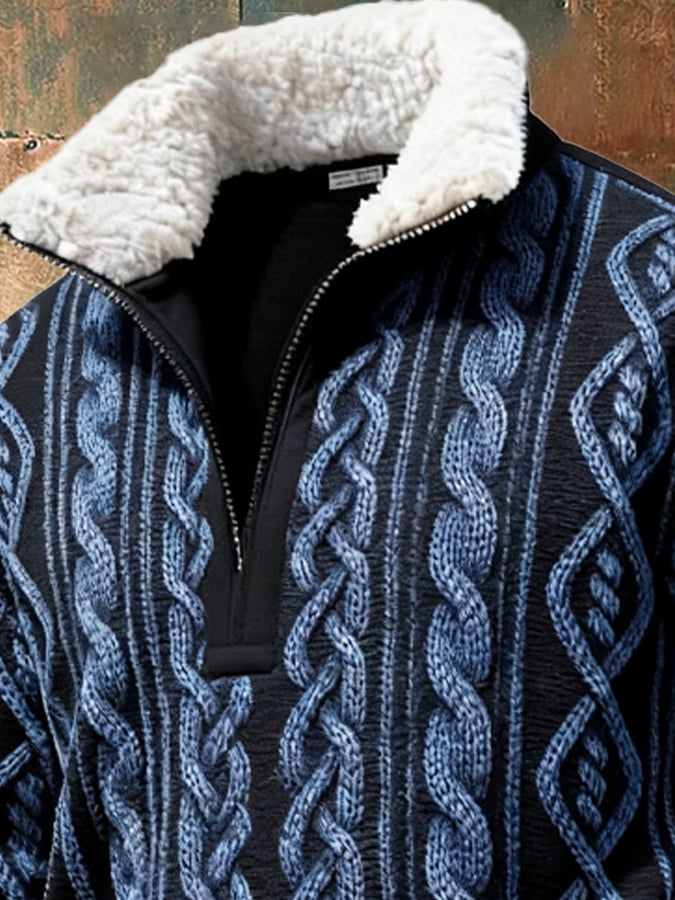 Men's Retro Color Block Print Casual Fur Collar Sweatshirt