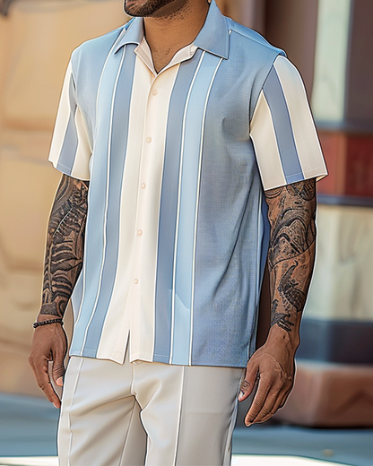 Men's Textured Short Sleeve Printed Two-Piece Walking Pants Set 066