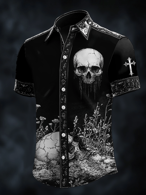Men's Dark Skull Print Satin Short Sleeve Shirt