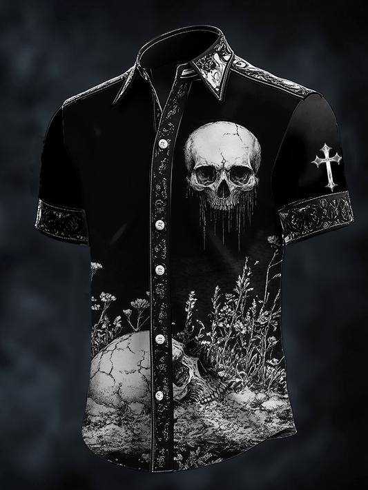 Men's Dark Skull Print Satin Short Sleeve Shirt