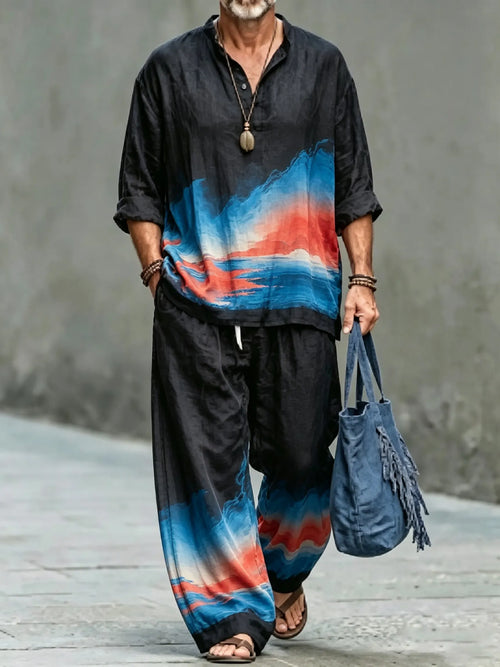 Men's Vintage Abstract Art Printed Cotton Shirt Set (Top & Pants)