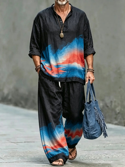 Men's Vintage Abstract Art Printed Cotton Shirt Set (Top & Pants)
