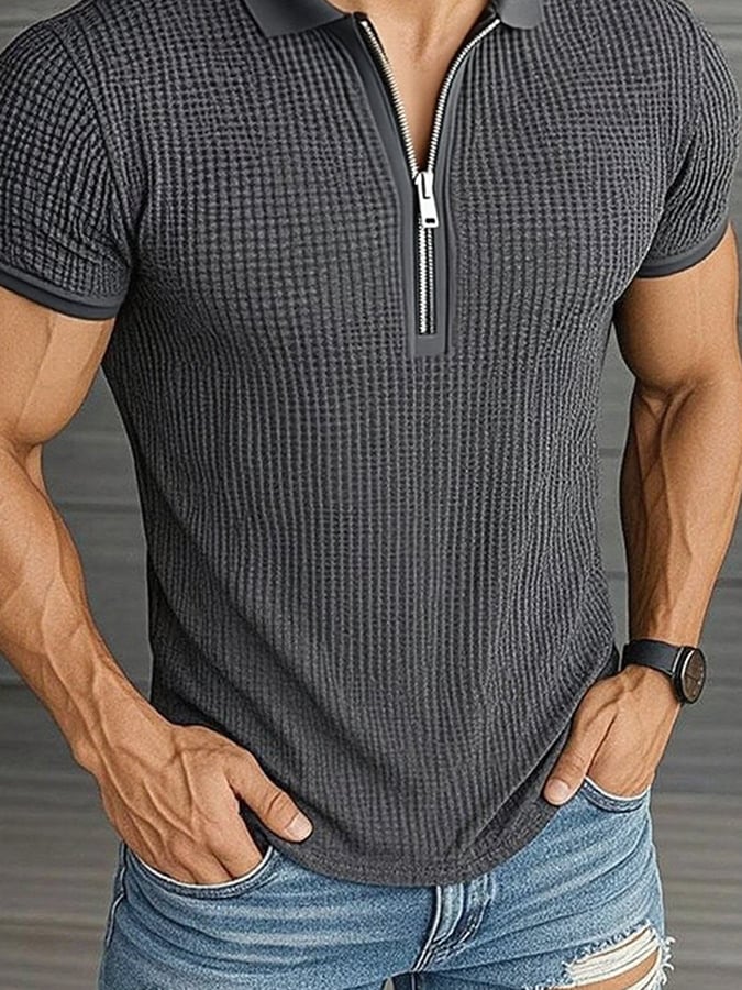 Men'S Casual Solid Color Waffle Zipper Short-Sleeved Polo Shirt