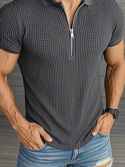 Men'S Casual Solid Color Waffle Zipper Short-Sleeved Polo Shirt