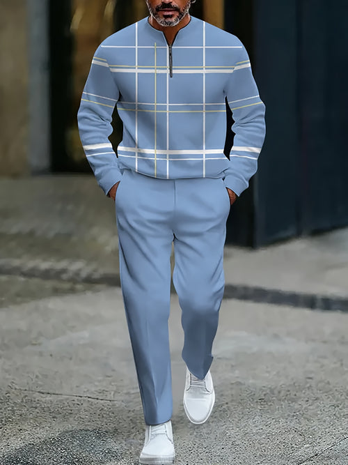 Men's Casual Color Matching Printed Round-Neck Zipper Long Sleeved Trousers Two-Piece Set