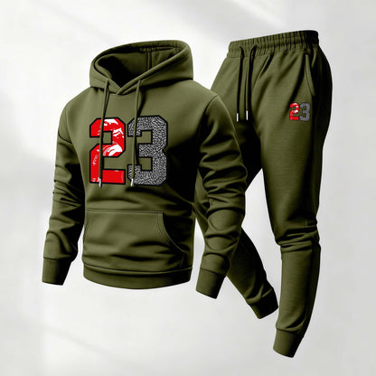 Men's Retro Basketball 23 Patterned Hoodie And Drawstring Track Pants Set, Men's Casual Athletic Long-Sleeved Hooded Jacket And Pants, Suitable For Fall And Winter, Street Style Hoodie Set, Everyday Wear, Indoor And Outdoor Sportswear