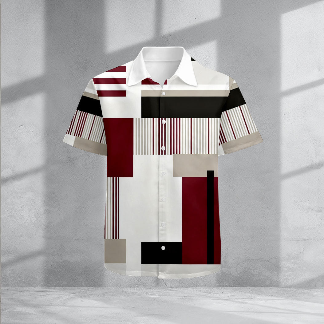 Men's Casual Lapel Maroon & White Geometric Printed Short Sleeve Shirts