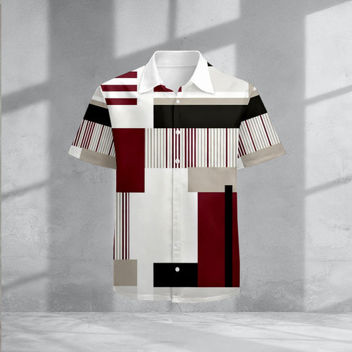 Men's Casual Lapel Maroon & White Geometric Printed Short Sleeve Shirts