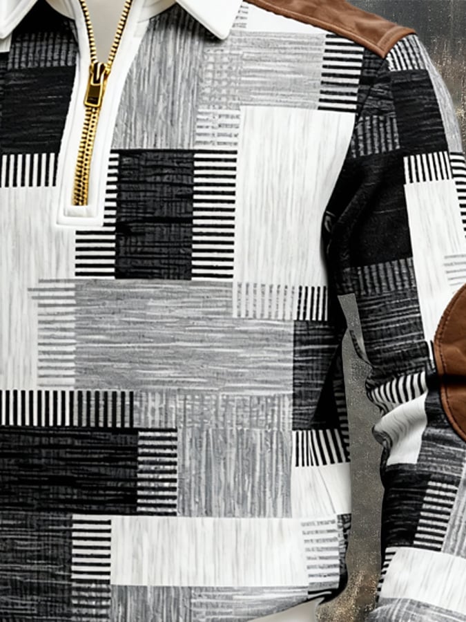 Men's Retro Color Block Print Zipper Sweatshirt
