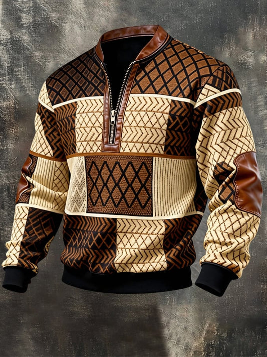 Men's Retro Color Block Print Zipper Sweatshirt