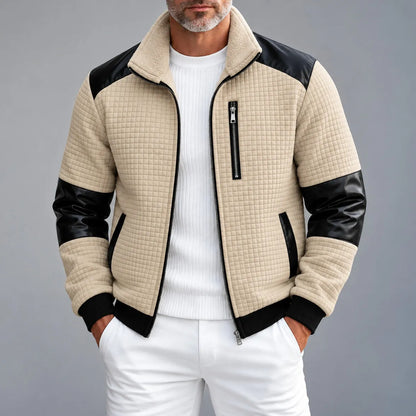 Men's Colorblock Patchwork Fleece Lined Stand Collar Quilted Zipper Bomber Jacket
