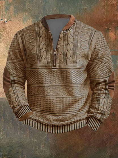 Men's Vintage Knit Print Zip-Up Sweatshirt