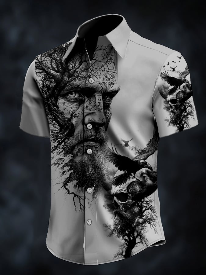 Men's casual vintage Viking portrait satin shirt