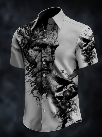 Men's casual vintage Viking portrait satin shirt
