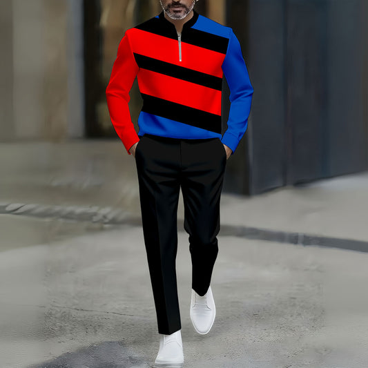 Men's Casual Black Red & Blue Color Matching Asymmetric Striped Printed Round-Neck Zipper Long Sleeved Trousers Two-Piece Set
