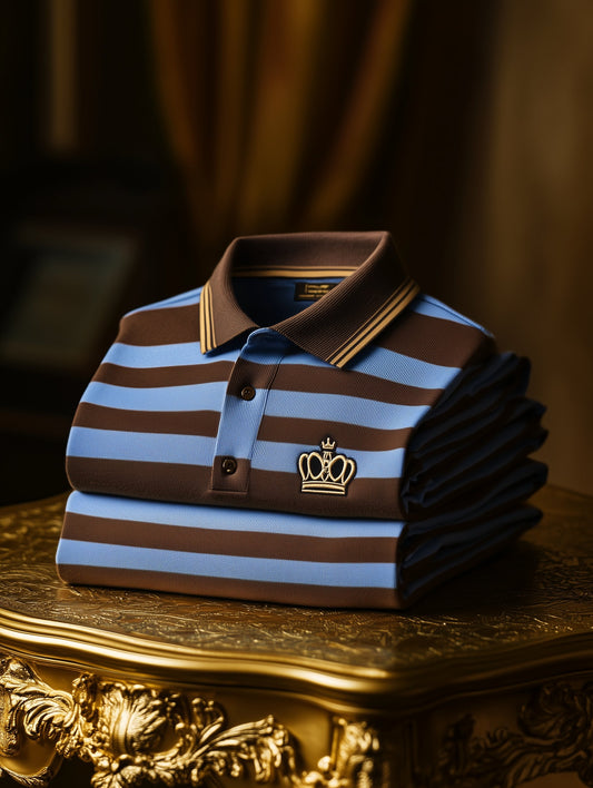Men's Business Casual Button Striped Crown Old Money Short Sleeve Polo Shirt
