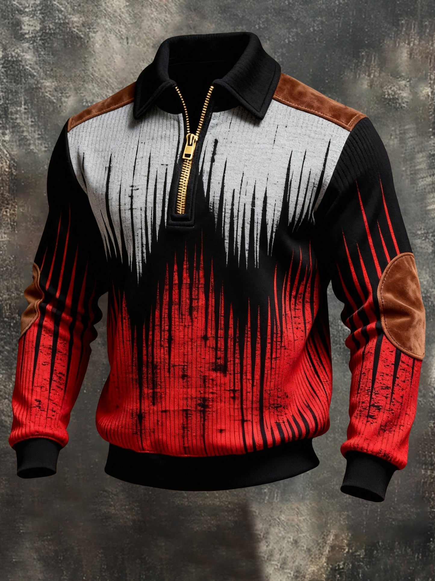 Men's Retro Color Block Print Color-Blocked Zip-Up Sweatshirt