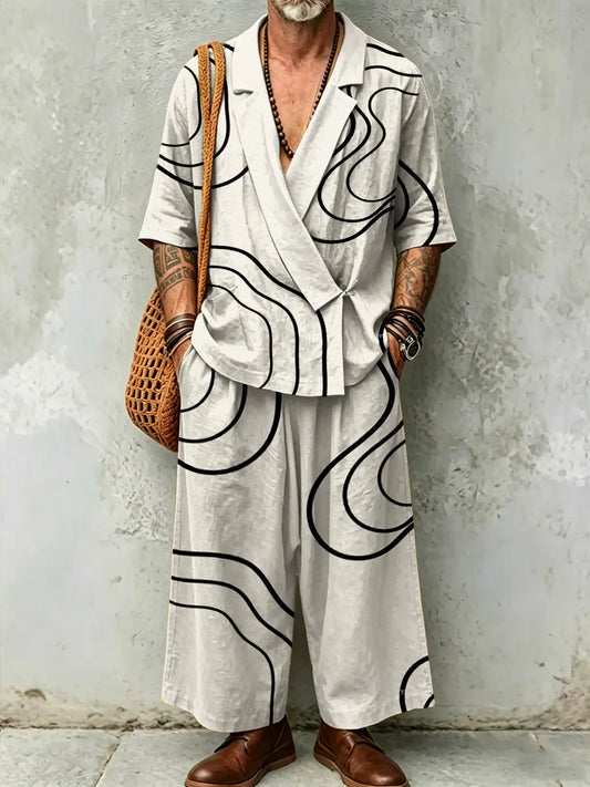 Men's Abstract Art Print Casual Linen Suit Collar Short-sleeved Top And Pants Two-piece