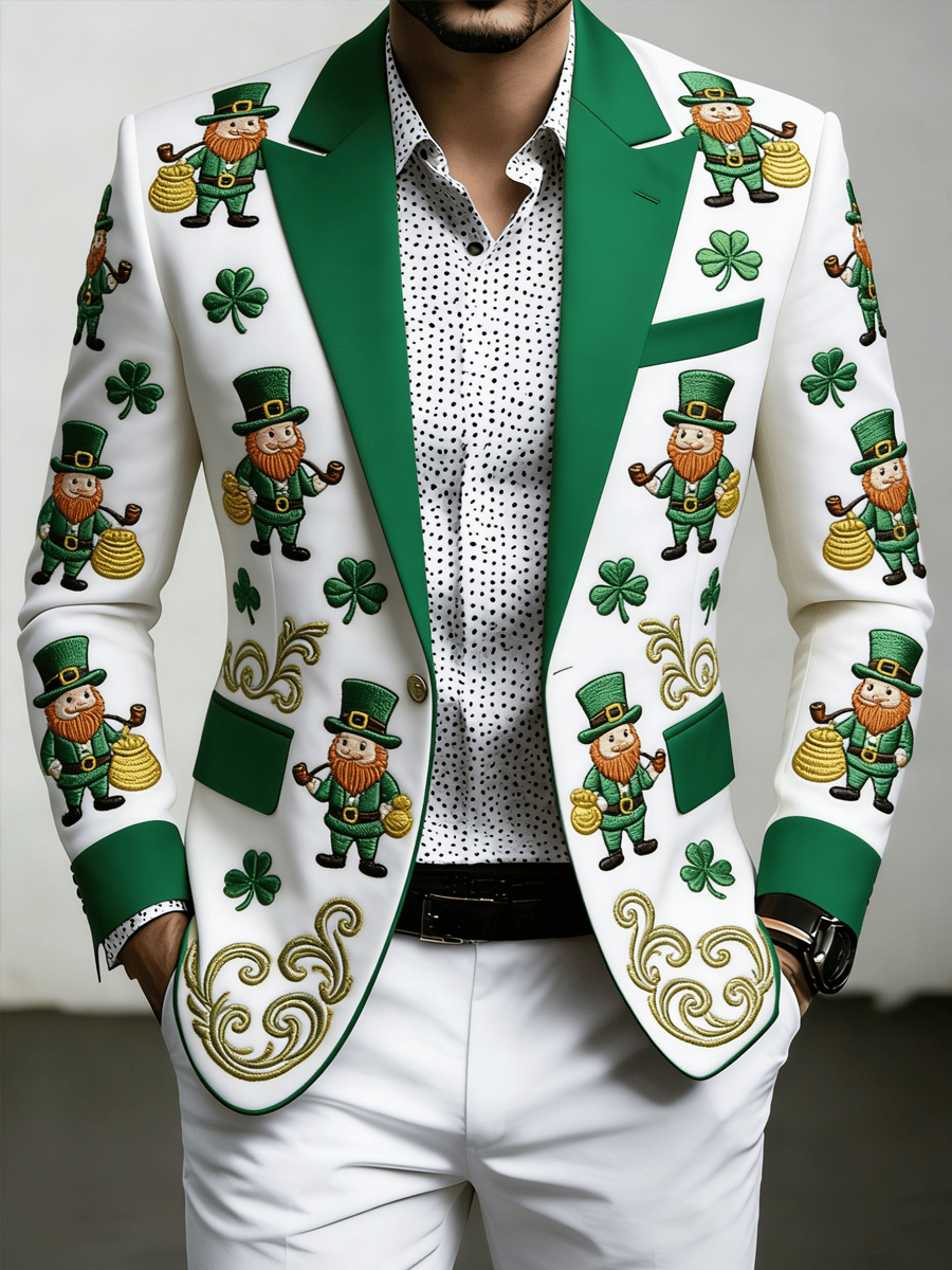 Men's Luxury St. Patrick's Day Leprechaun and Shamrock Print Suit Jacket