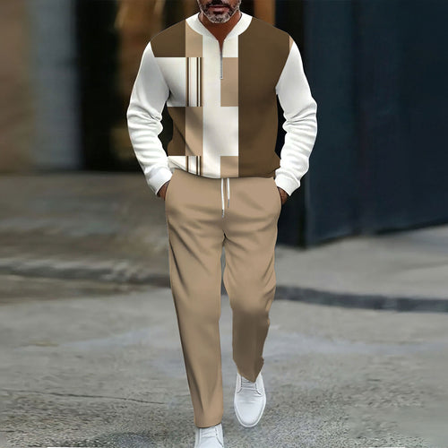 Men's Casual Khaki & White Color Matching Geometric Printed Round-Neck Zipper Long Sleeved Trousers Two-Piece Set