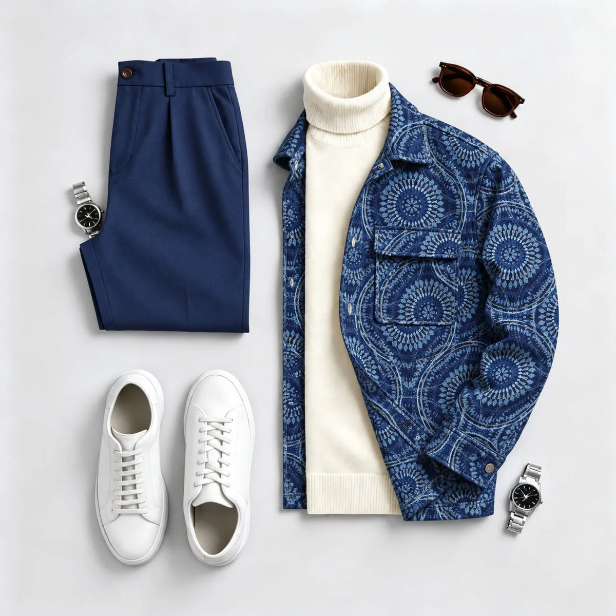 Men's mandala print long-sleeve shirt and pants two-piece set