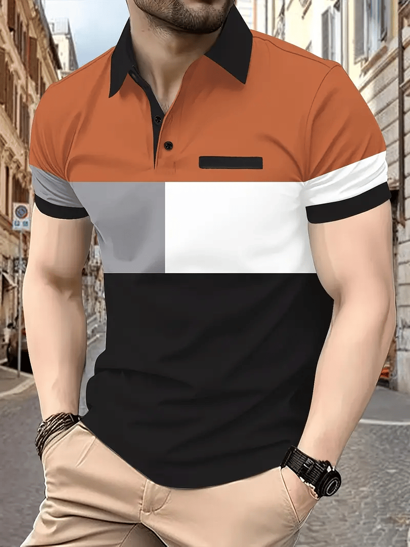 Men's Business Stripe Logo Button-Down Short Sleeve Polo Shirt
