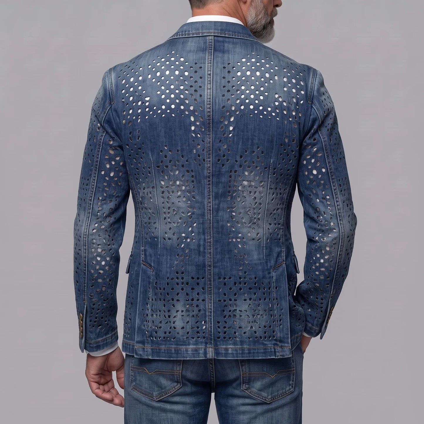 Men's Retro Distressed Denim Hollow Out Notch Lapel Single Breasted Blazer