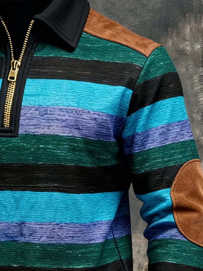 Men's Retro Color Block Print Zipper Sweatshirt