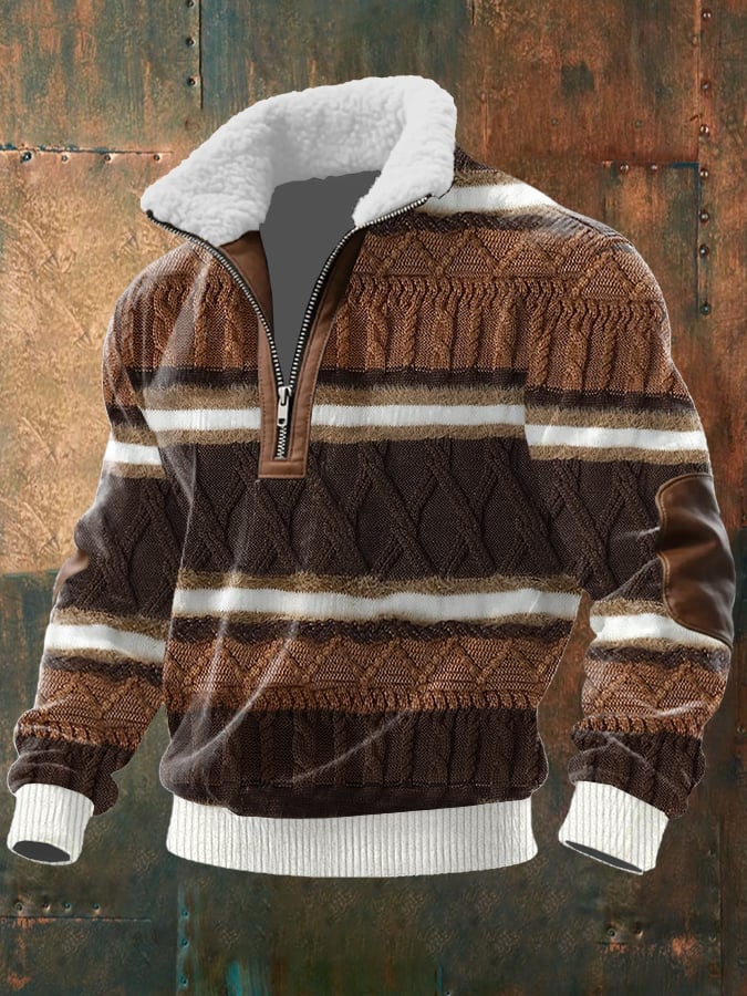 Men's Retro Western Texture Print Knit Fabric Zipper Fur Collar Long Sleeve Sweatshirt