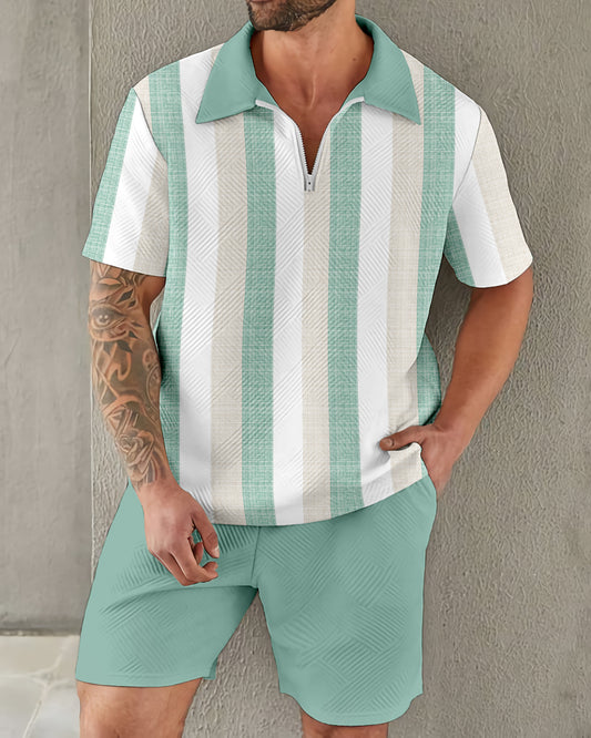 Suitmens Retro Classic Green And White Contrast Stripes Zipper Polo Set