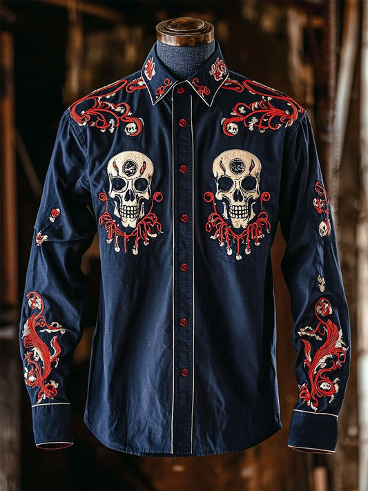 Men's Retro Casual Skull Print Long Sleeve Shirt