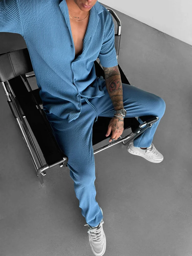 Men's White Textured Short Sleeve Shirt Casual Two-piece Set 005