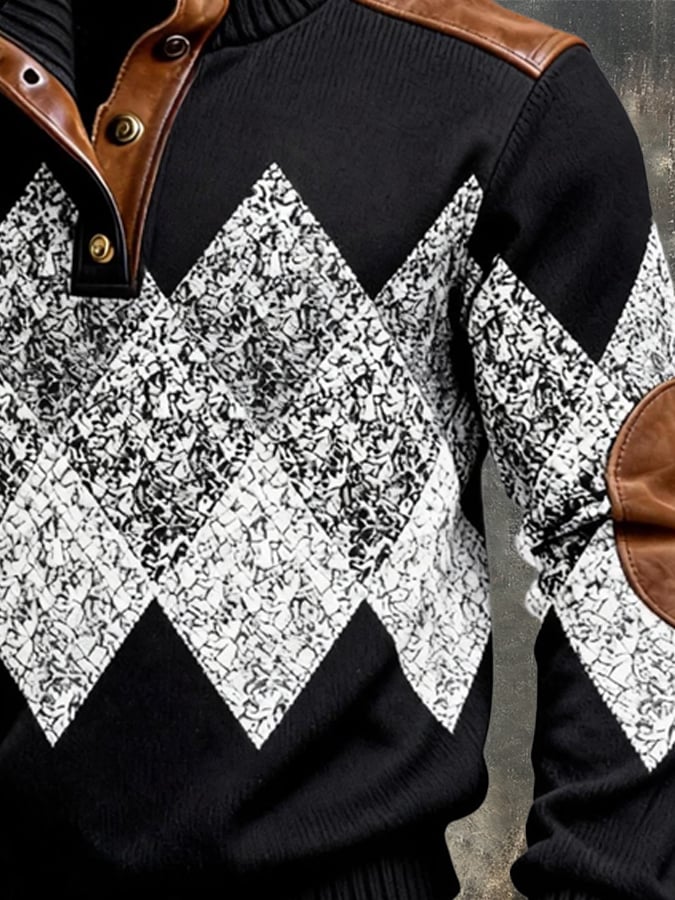 Men's Vintage Jacquard Textured Color-Block Comfortable Henley Sweatshirt