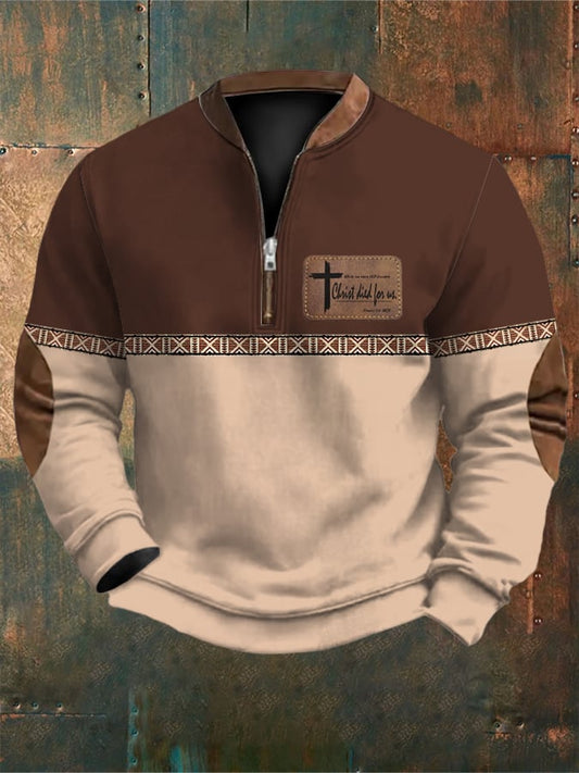 Men's Retro Western Faith Print Zip-Neck Sweatshirt