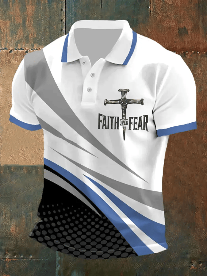 Men's Retro Faith “Faith Over Fear�? Casual Printed Polo Shirt