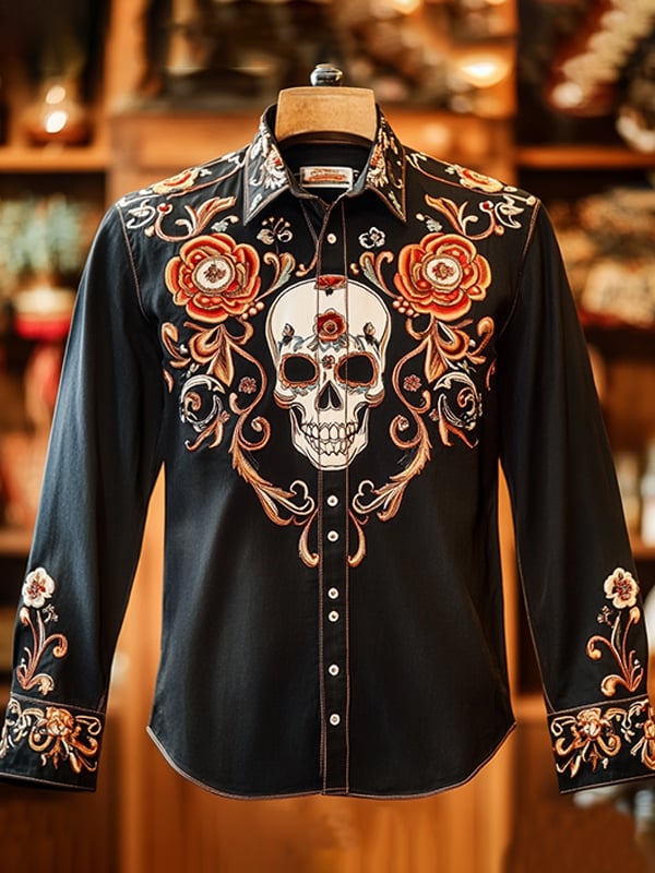 Men's Outdoor Vintage Skull and Floral Print Long Sleeve Shirt