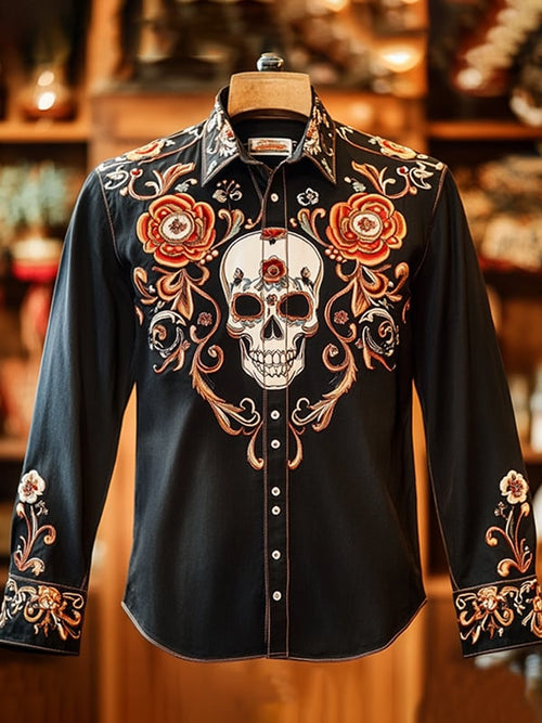 Men's Outdoor Vintage Skull and Floral Print Long Sleeve Shirt